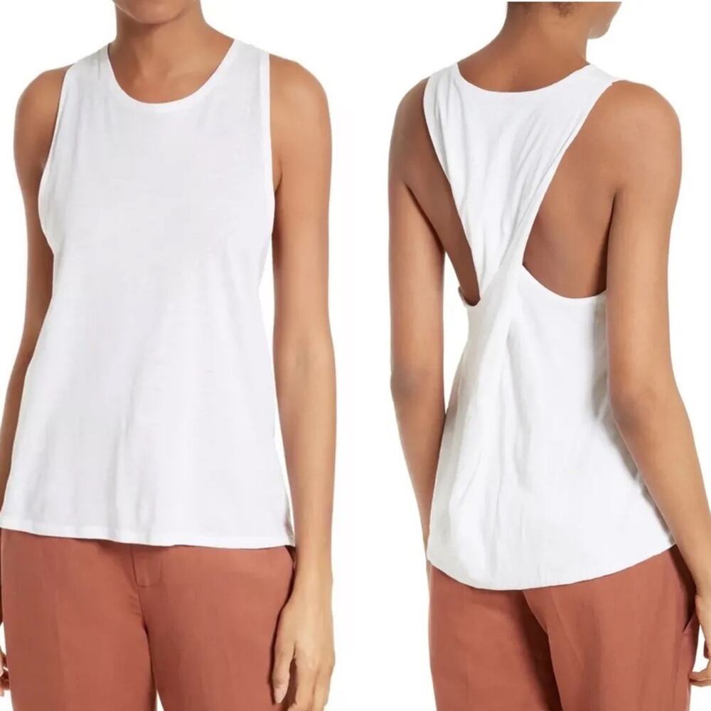 Vince Cotton & Silk Twist Back Tank Top Classic Staple Shirt Blouse White Large